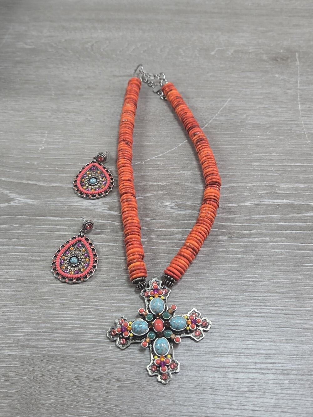 F.A.I.T.H. Large Jeweled & Stone Orange Cross Necklace with Post Earrings HSN